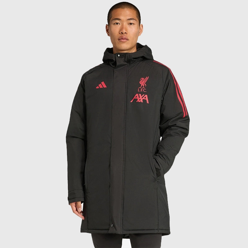 LFC Adidas 25/26 Domestic Long Match Day Jacket Jacket unisex detail view 4 | Dash Racegear — black match day jacket featuring Adidas design and LFC crest