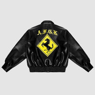 Doncare AFGK Ferrari Leather Jacket Black Leather Jacket unisex front product view | Dash Racegear — Stylish Doncare AFGK Ferrari Jacket in Black Leather