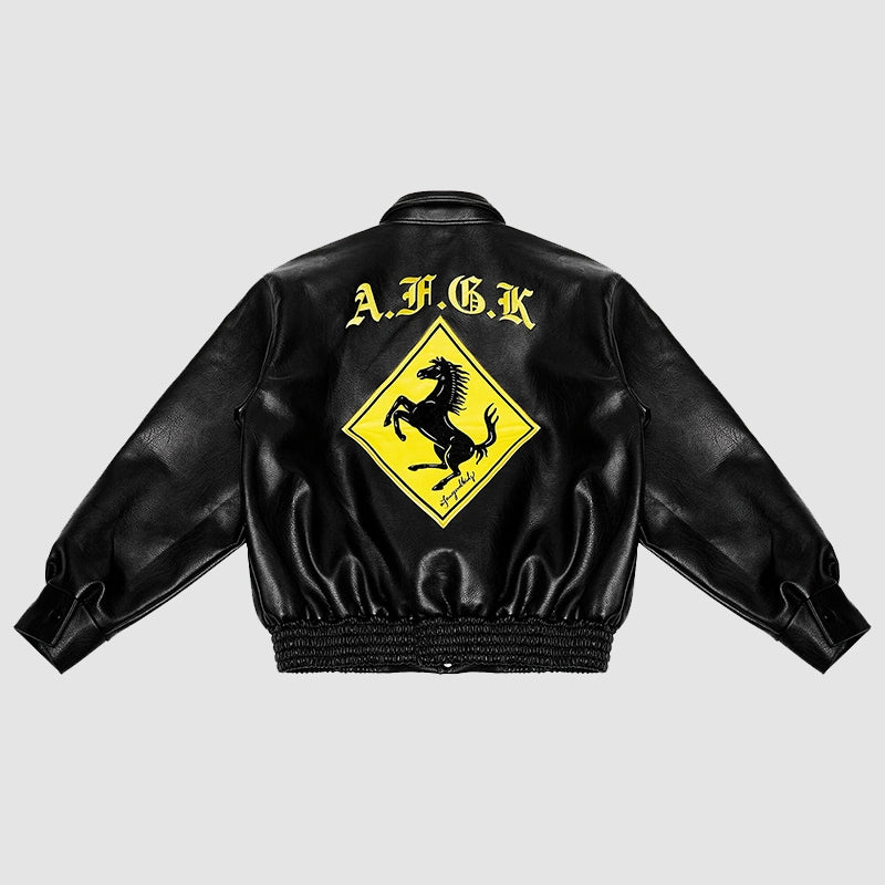 Doncare AFGK Ferrari Leather Jacket Black Leather Jacket unisex front product view | Dash Racegear — Stylish Doncare AFGK Ferrari Jacket in Black Leather