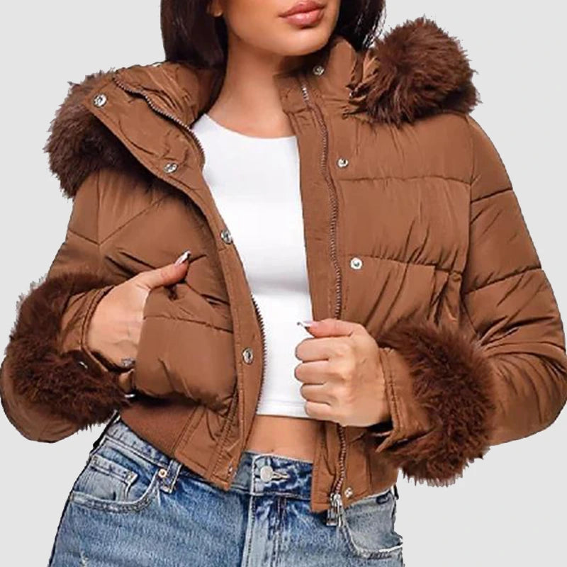 Dope Thief Liz Caribel Sierra Brown Fur Quilted Jacket Jacket unisex detail view 3 | Dash Racegear — Brown quilted jacket with faux fur hood from Dope Thief Season 1