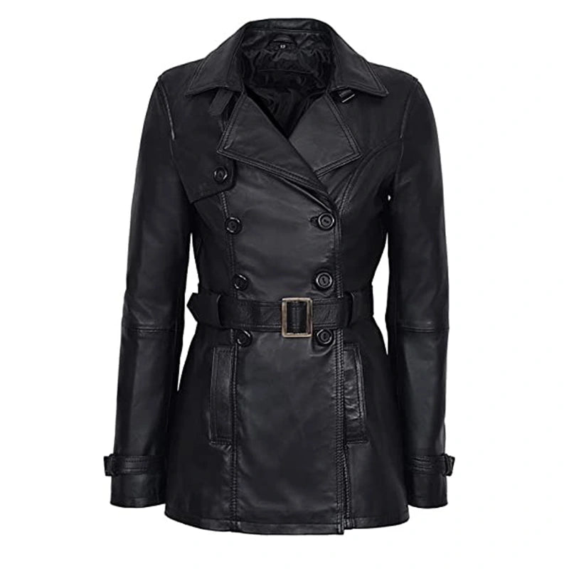 Women’s Double Breasted Black Leather Jacket Leather Jacket women front product view | Dash Racegear — Women's Double Breasted Black Leather Jacket