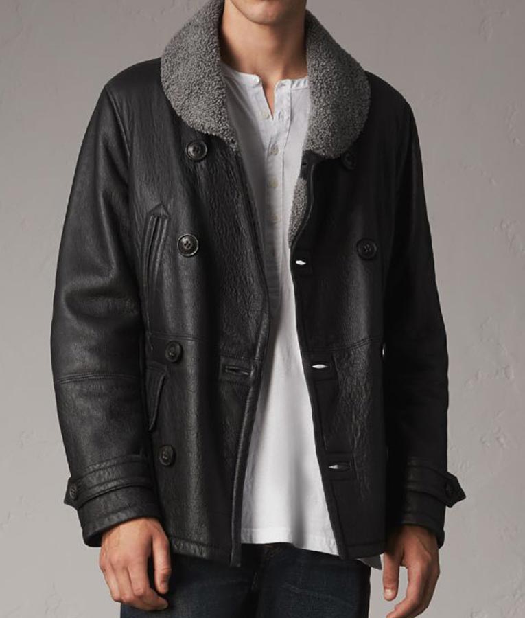 Mens Shearling Double Breasted Black Pea Coat Coat men front product view | Dash Racegear — Shearling Double Breasted Mens Black Pea Coat