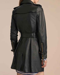 Womens Mid Length Leather Coat Coat women detail view 3 | Dash Racegear — Double Breasted Women's Black Leather Mid Length Coat