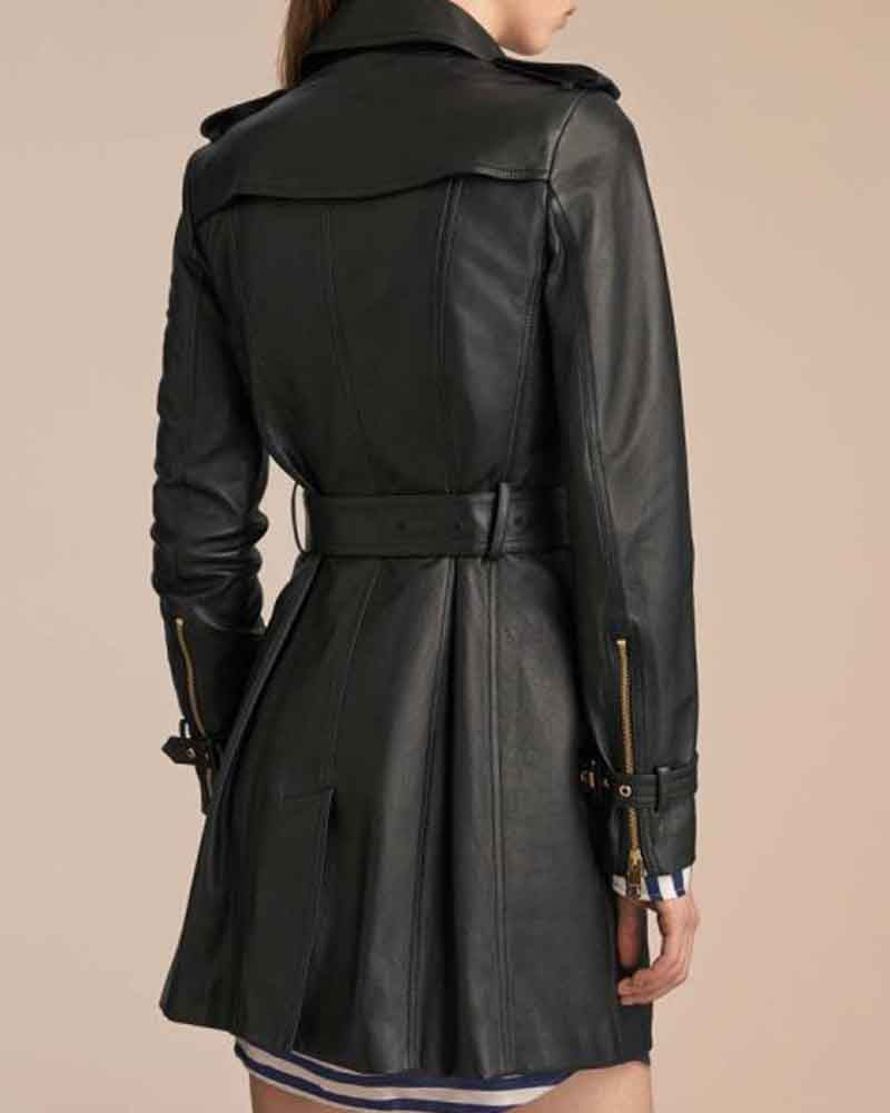 Womens Mid Length Leather Coat Coat women detail view 3 | Dash Racegear — Double Breasted Women's Black Leather Mid Length Coat
