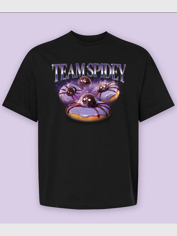 Dunkin Spidey D Fandom T-Shirt Shirt unisex front product view | Dash Racegear — Dunkin Spidey D T-Shirt casual fan outfit