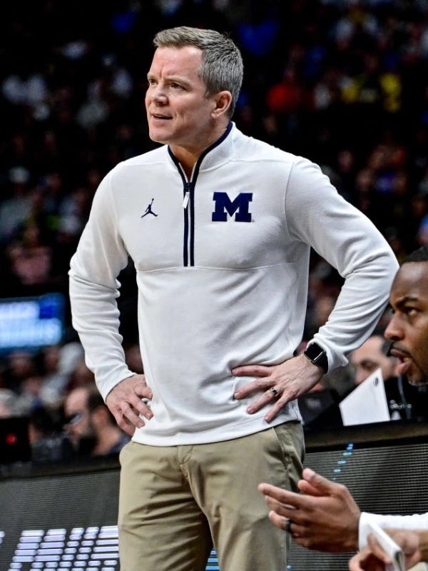 Dusty May Michigan Wolverines Half-Zip Sweatshirt Sweatshirt unisex front product view | Dash Racegear — White Recreation Michigan Wolverines Half-Zip Sweatshirt inspired by Dusty May’s sideline look from the 2025 season.