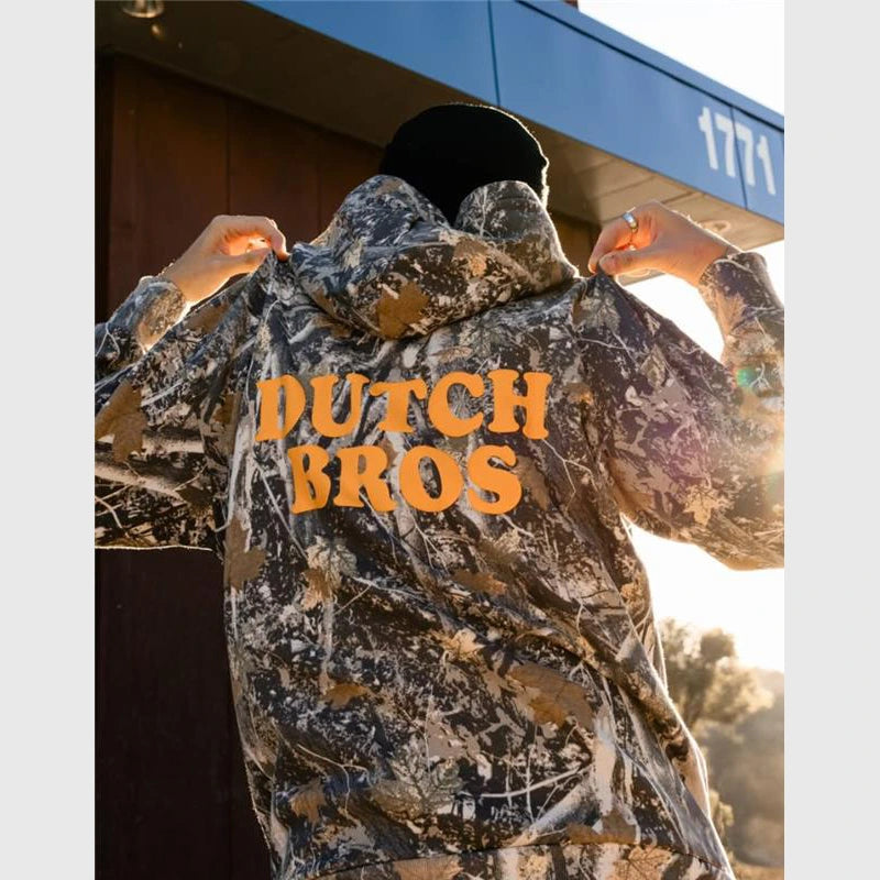 Dutch Bros Camo Hoodie Hoodie unisex front product view | Dash Racegear — Dutch Bros Camo Pullover Hoodie – Cool Casual Coffee Outfit
