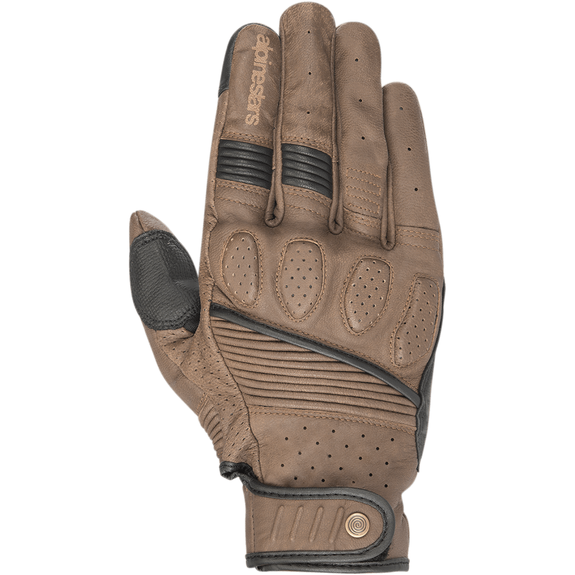 Alpinestars Crazy Eight Gloves, Brown and Black Motorcycle Gloves, premium perforated leather construction, padded knuckle protection, accordion stretch panels, heritage-style snap button wrist closure, urban riding gear