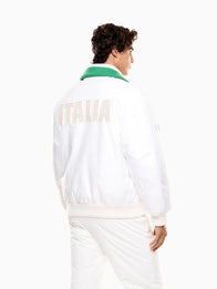 Winter Olympics 2026 Team Italy EA7 Emporio Armani Bomber Jacket Bomber Jacket unisex detail view 2 | Dash Racegear — Milano Cortina 2026 unisex EA7 Emporio Armani full-zip bomber jacket in white, sporty style for everyday winter wear.