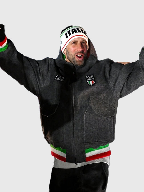 EA7 Emporio Armani Team Italy Opening Ceremony Jacket Jacket unisex detail view 8 | Dash Racegear — EA7 Emporio Armani Milano Cortina 2026 grey bomber keeps fans warm while flaunting Olympic pride.