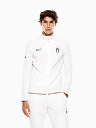 Winter Olympics 2026 Team Italy EA7 Emporio Armani Powerstretch Jacket Jacket unisex detail view 2 | Dash Racegear — Milano Cortina 2026 unisex white EA7 Emporio Armani Powerstretch jacket, sporty style and flexible warmth for cold days.