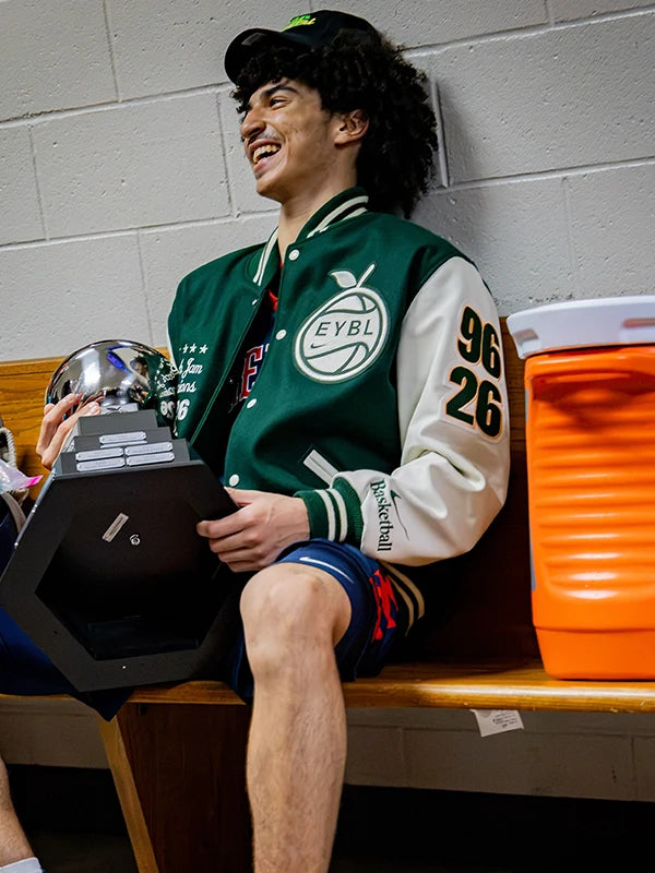 Florida Rebels Peach Jam Champions Varsity Jacket Varsity Jacket unisex detail view 3 | Dash Racegear — Florida Rebels Champions 2026 varsity jacket showcasing premium wool craftsmanship with bold green and white styling.