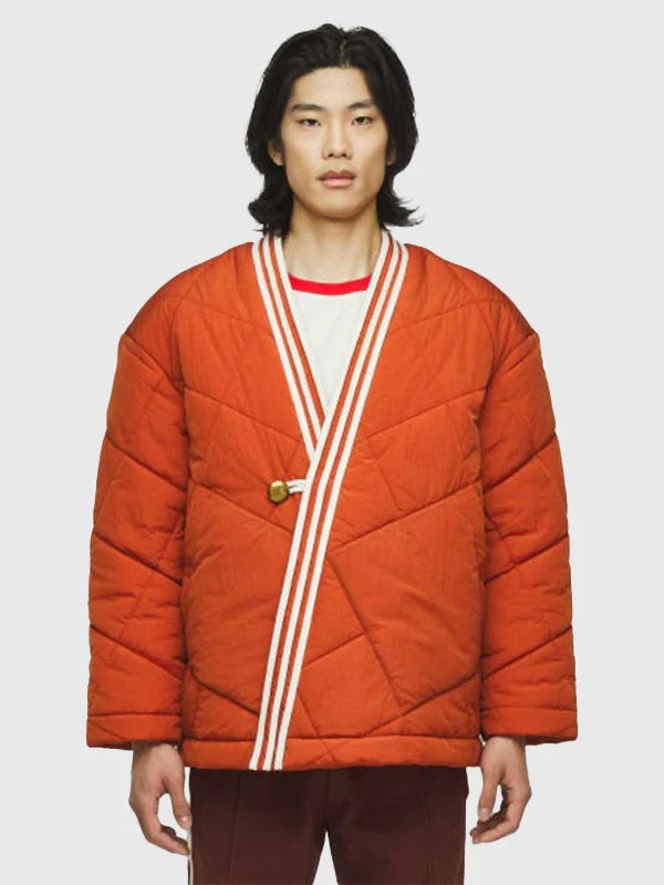 Adidas x Edison Chen Clot Wrap Jacket Jacket unisex detail view 2 | Dash Racegear — Edison Chen-designed Adidas Clot Wrap Puffer Jacket in vibrant orange, perfect for streetwear and winter layering.