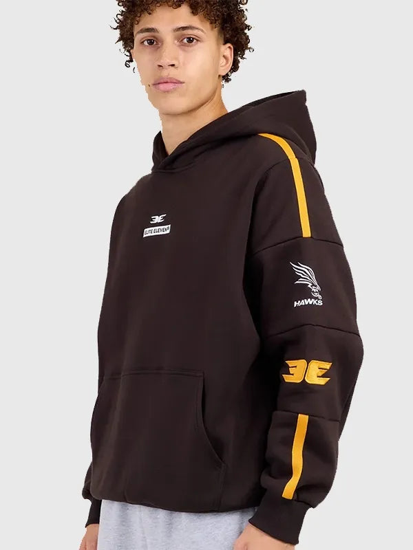 AFL x Elite Eleven Hawthorne Hawks Hoodie Hoodie unisex detail view 3 | Dash Racegear — Brown retro hoodie inspired by Hawthorn Hawks x Elite Eleven 2026 collaboration with relaxed casual fit.
