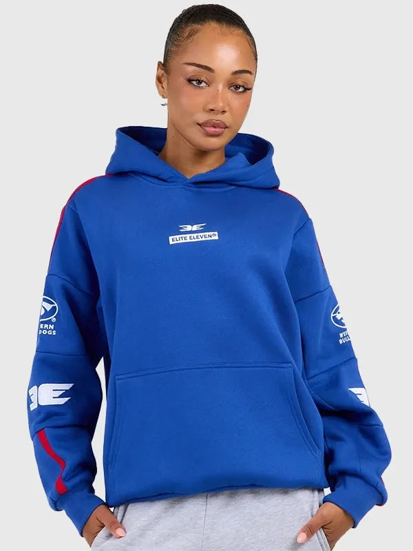 AFL x Elite Eleven Western Bulldogs Hoodie Hoodie unisex front product view | Dash Racegear — 2026 Western Bulldog AFL x Elite Eleven Retro Hoodie Blue featuring classic team-inspired design and soft everyday comfort.