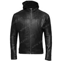 Elvis Black Leather Hooded Jacket Jacket unisex front product view | Dash Racegear — Black Hooded Leather Jacket Elvis