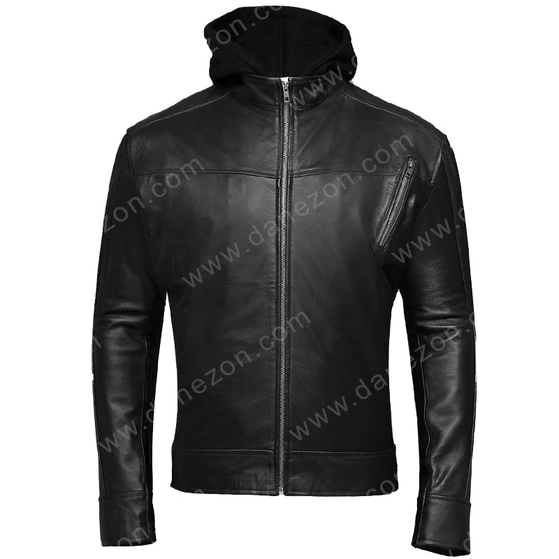 Elvis Black Leather Hooded Jacket Jacket unisex front product view | Dash Racegear — Black Hooded Leather Jacket Elvis
