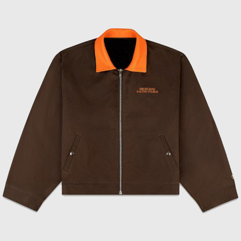 Siegelman Stable Embroidered Barn Jacket Jacket unisex front product view | Dash Racegear — Brown cotton barn jacket with Siegelman Stable embroidery on chest