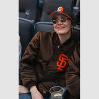 Emma Stone Padres Jacket Jacket unisex front product view | Dash Racegear — A Padres fan favorite—Emma Stone’s team jacket with bold San Diego vibes.