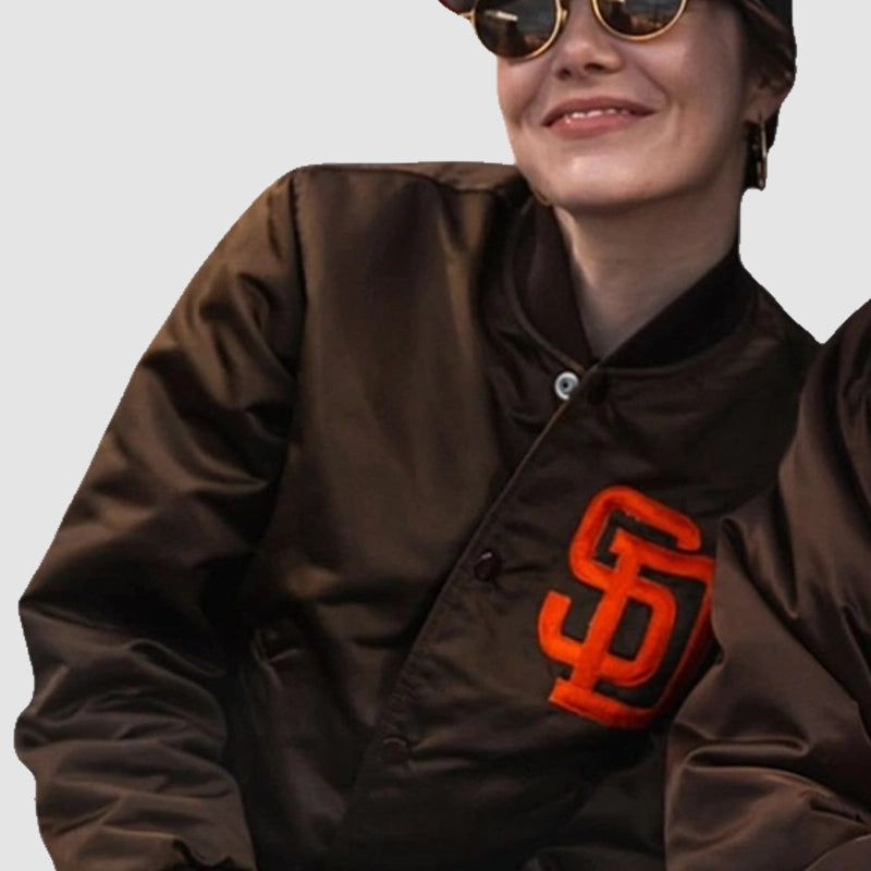 Emma Stone Padres Jacket Jacket unisex detail view 5 | Dash Racegear — San Diego Padres outerwear styled by Emma Stone—perfect for fans who love flair.