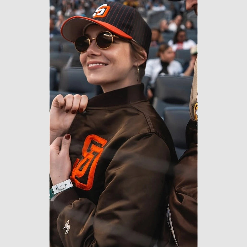 Emma Stone Padres Jacket Jacket unisex detail view 4 | Dash Racegear — Emma Stone’s Padres jacket offering a cool mix of comfort and team spirit.