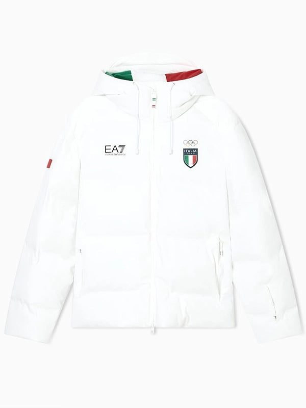 Winter Olympics 2026 Team Italy EA7 Emporio Armani Ski Puffer Jacket Puffer Jacket unisex front product view | Dash Racegear — Stay warm in style with this white EA7 Emporio Armani Team Italy ski parachute puffer, Milano Cortina 2026 edition.
