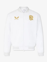 England Rugby x Undefeated x Castore Bomber Jacket Bomber Jacket unisex front product view | Dash Racegear — White England Rugby x Undefeated x Castore unisex bomber jacket with sleek design and sporty team accents.