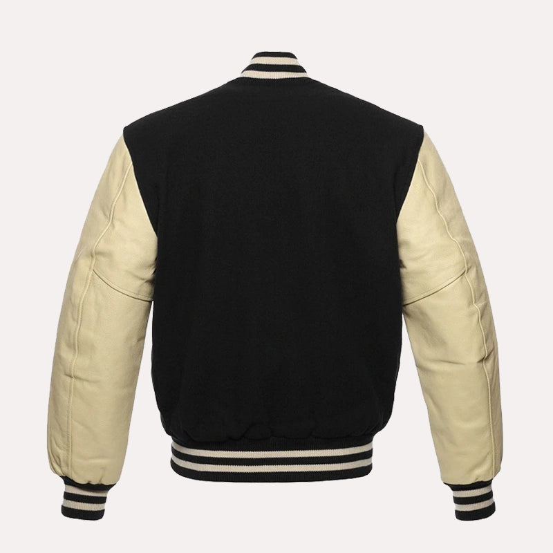 Eric Bomber Varsity Jacket Varsity Jacket unisex detail view 2 | Dash Racegear — Men’s Black and Cream Varsity Jacket With Leather Sleeve