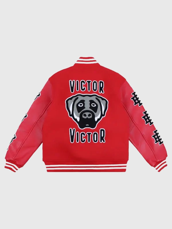 EE Victor Victor Varsity Jacket Varsity Jacket unisex detail view 2 | Dash Racegear — A striking red varsity jacket blending Eric Emanuel design aesthetics with Victor Victor branding in a modern street style look.