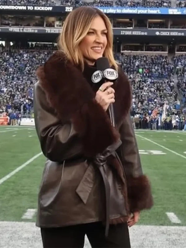 Erin Andrews NFC Championship 2025 Coat Coat unisex detail view 2 | Dash Racegear — Erin Andrews 2025 black faux leather coat, fan-inspired design celebrating the NFC Championship in style.