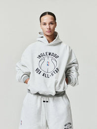 Essentials Inglewood x All Star Weekend Hoodie Hoodie unisex front product view | Dash Racegear — Essentials Inglewood All Star Weekend '26 grey hoodie with retro 90s graphics and cozy fleece design for daily wear.