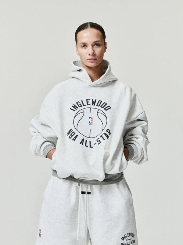 Essentials Inglewood x All Star Weekend Hoodie Hoodie unisex front product view | Dash Racegear — Essentials Inglewood All Star Weekend '26 grey hoodie with retro 90s graphics and cozy fleece design for daily wear.
