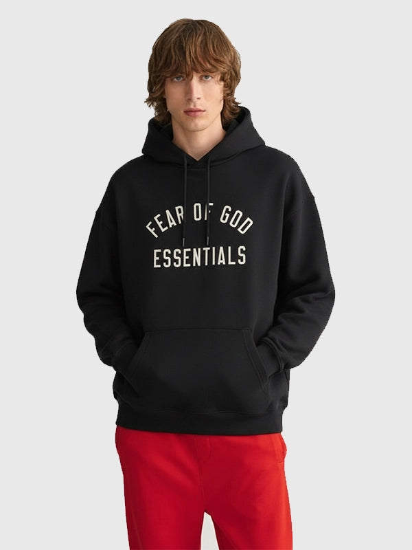 Fear Of God Essentials Black Hoodie Hoodie unisex detail view 4 | Dash Racegear — Unisex Black Essentials Fear Of God Pullover Hoodie, soft fleece and relaxed fit ideal for layering or lounging.