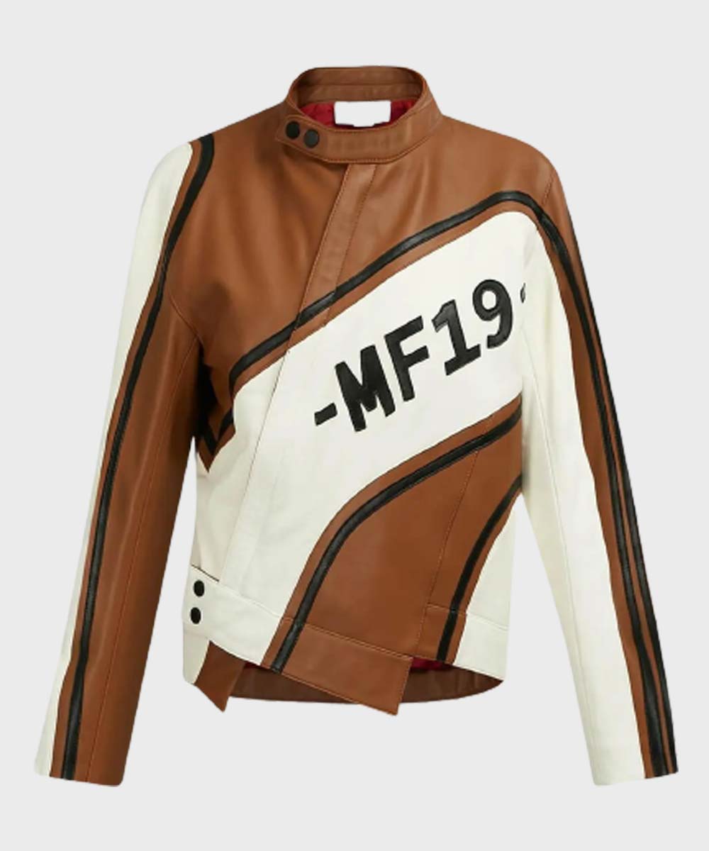 Ezzah Womens Brown Leather Biker Jacket Biker Jacket women front product view | Dash Racegear — Womens Brown Cafe Racer Leather MF19 Jacket