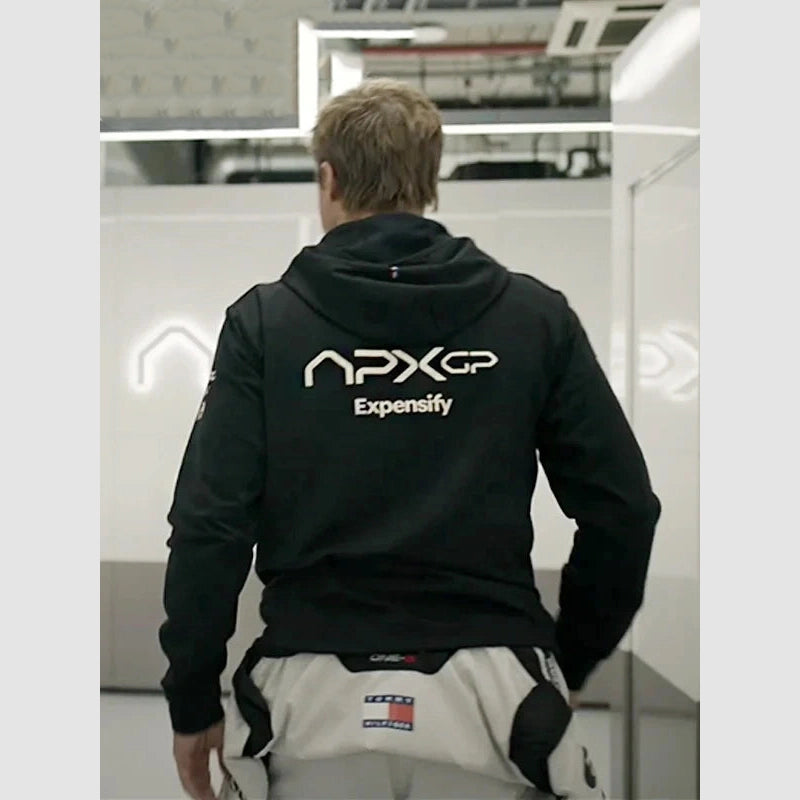 APX GP F1 Brad Pitt Black Hoodie Jacket Jacket unisex detail view 7 | Dash Racegear — Brad Pitt Wearing APX GP F1 Hoodie Jacket – F1 Movie Outfit