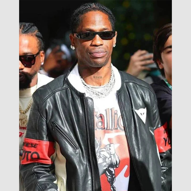 F1 Grand Prix of Miami Travis Scott Leather Jacket Leather Jacket unisex front product view | Dash Racegear — Black leather jacket from Travis Scott’s Miami F1 appearance