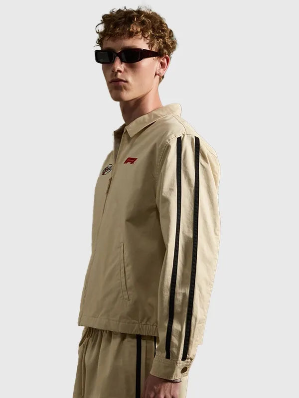 Formula 1 x Pacsun Miami Work Jacket Jacket unisex detail view 6 | Dash Racegear — Pacsun x Formula 1 Miami GP tan brown jacket, unisex utility workwear style for fans who want sporty street-ready layering
