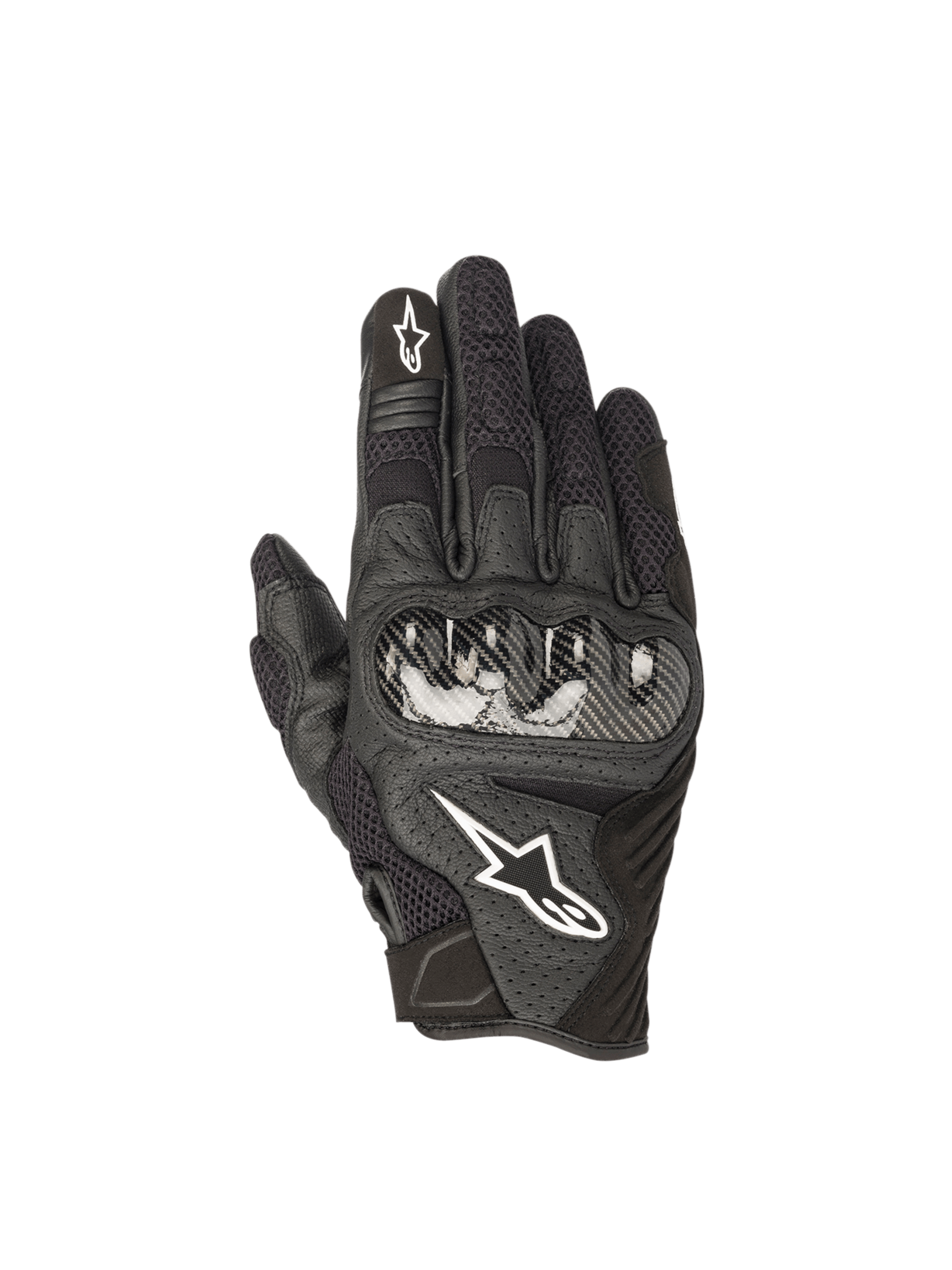 Alpinestars SMX-1 Air V2 Gloves, black leather and mesh motorcycle gloves for road riding with hard knuckle armor.