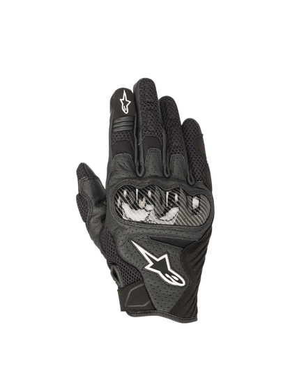 Alpinestars SMX-1 Air V2 Gloves, black leather and mesh motorcycle gloves for road riding with hard knuckle armor.