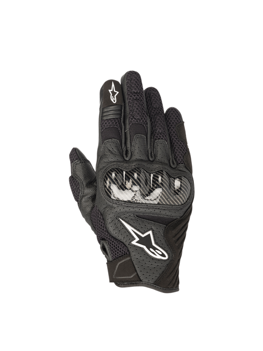 Alpinestars SMX-1 Air V2 Gloves, black leather and mesh motorcycle gloves for road riding with hard knuckle armor.