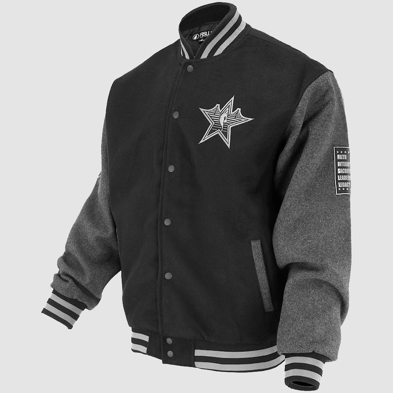 FISLL Black 2025 All-Star Game Varsity Jacket Varsity Jacket unisex front product view | Dash Racegear — 2025 FISLL All-Star Jacket – Black Varsity Design for Basketball Fans