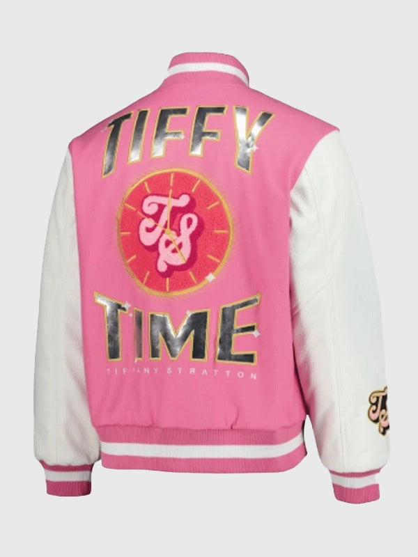 Tiffy Fanatics Fest NYC 2026 Varsity Jacket Varsity Jacket unisex detail view 4 | Dash Racegear — Pink and white WWE Tiffany Stratton jacket crafted for effortless layering and modern streetwear-inspired appeal.