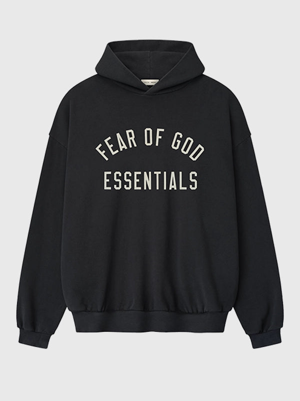 Fear Of God Essentials Black Hoodie Hoodie unisex front product view | Dash Racegear — Men's & Women's Black Essentials Fear Of God Hoodie, pullover style with cozy fleece and relaxed fit for everyday wear.