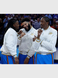 Oklahoma City Thunder 2025 Finals Champions Banner Raising Ceremony Jacket Jacket unisex detail view 7 | Dash Racegear — 2025 NBA Finals Champions Oklahoma City Thunder jacket in white with rib-knit finish.