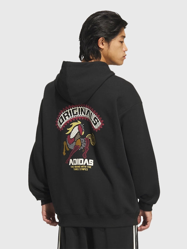 Adidas Chinese New Year SS26 Hoodie Hoodie unisex detail view 3 | Dash Racegear — Recreated Adidas Lunar New Year SS26 black fleece pullover hoodie featuring a minimalist design and comfortable construction