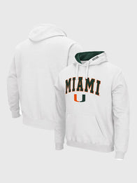 Miami Hurricanes Arch & Logo Pullover Hoodie Hoodie unisex front product view | Dash Racegear — Recreation Miami Hurricanes arch and logo white fleece pullover hoodie featuring a soft interior and relaxed fit