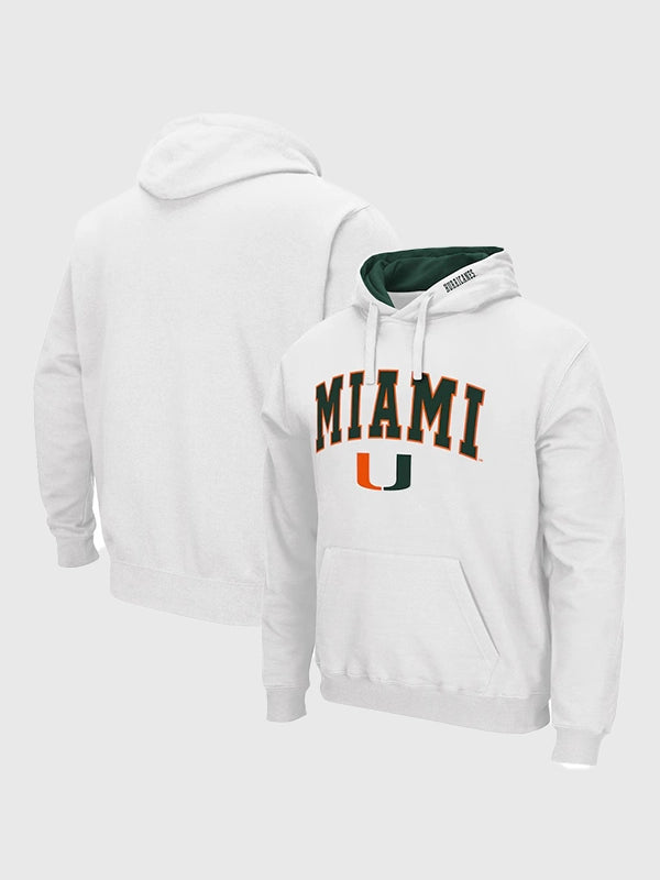 Miami Hurricanes Arch & Logo Pullover Hoodie Hoodie unisex front product view | Dash Racegear — Recreation Miami Hurricanes arch and logo white fleece pullover hoodie featuring a soft interior and relaxed fit