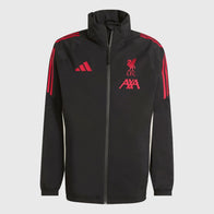 LFC Adidas 25/26 Domestic Rain Jacket Jacket unisex front product view | Dash Racegear — Black rain fleece jacket with LFC badge and Adidas performance design