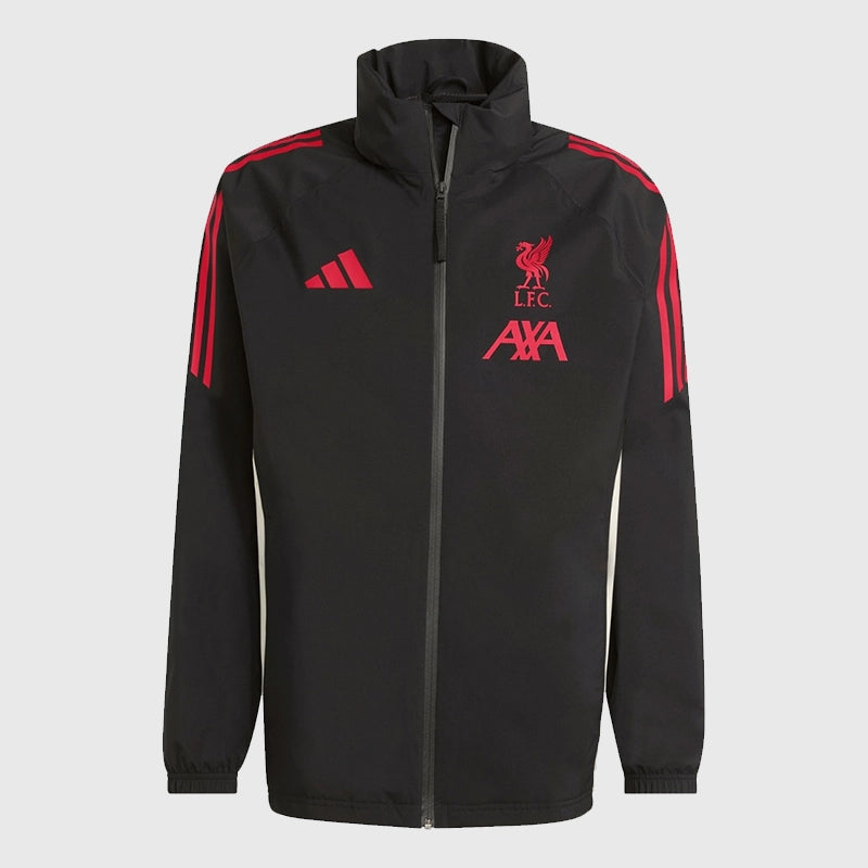 LFC Adidas 25/26 Domestic Rain Jacket Jacket unisex front product view | Dash Racegear — Black rain fleece jacket with LFC badge and Adidas performance design