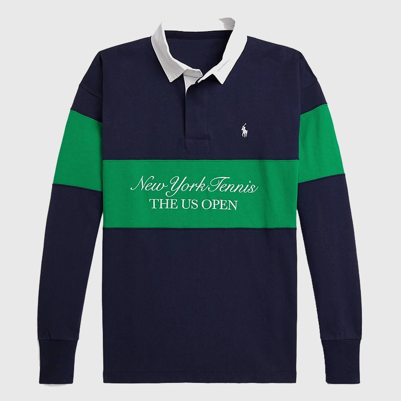 Ralph Lauren US Open Vintage Fit Rugby Shirt Shirt unisex front product view | Dash Racegear — Polo Ralph Lauren US Open 2025 Vintage Fit Rugby Shirt in navy and green